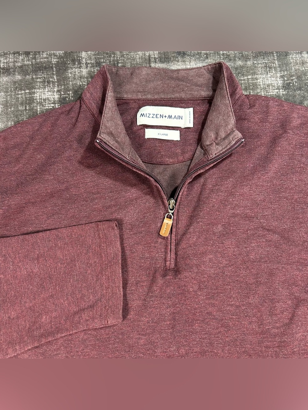 Mizzen Main Sweater Mens XL Burgundy 1/4 Zip Mock Neck Leather Zipper Pullover